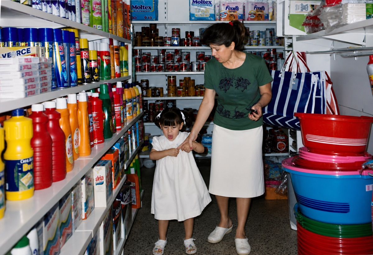 Isabel Haro de niña con su tía Mercedes en la tienda