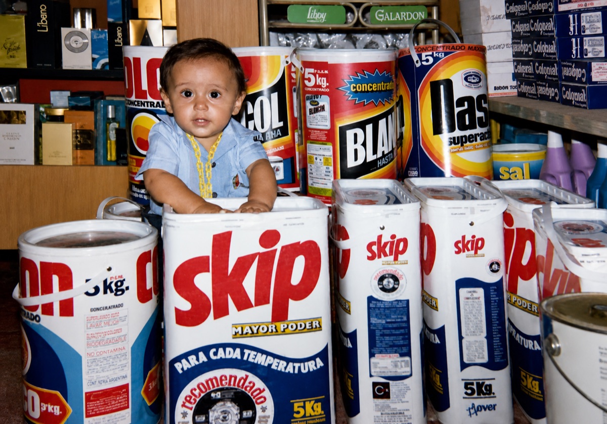 José Haro de niño entre barriles de detergente