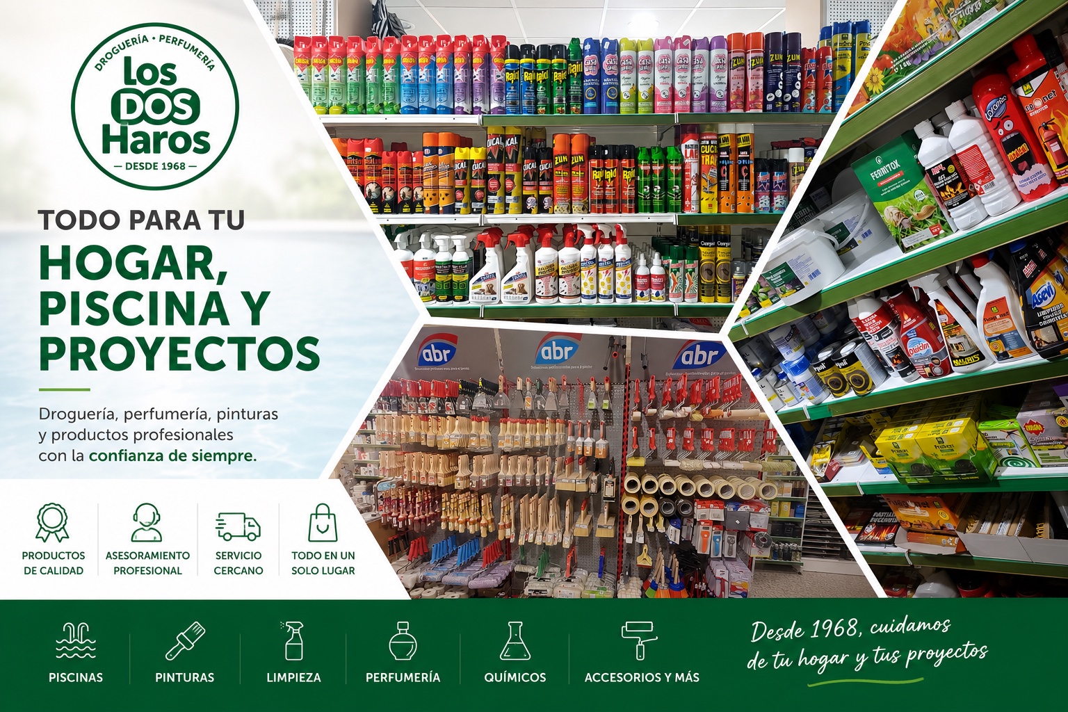 Montaje de Los Dos Haros con productos de droguería, perfumería, pinturas, piscinas y accesorios para el hogar