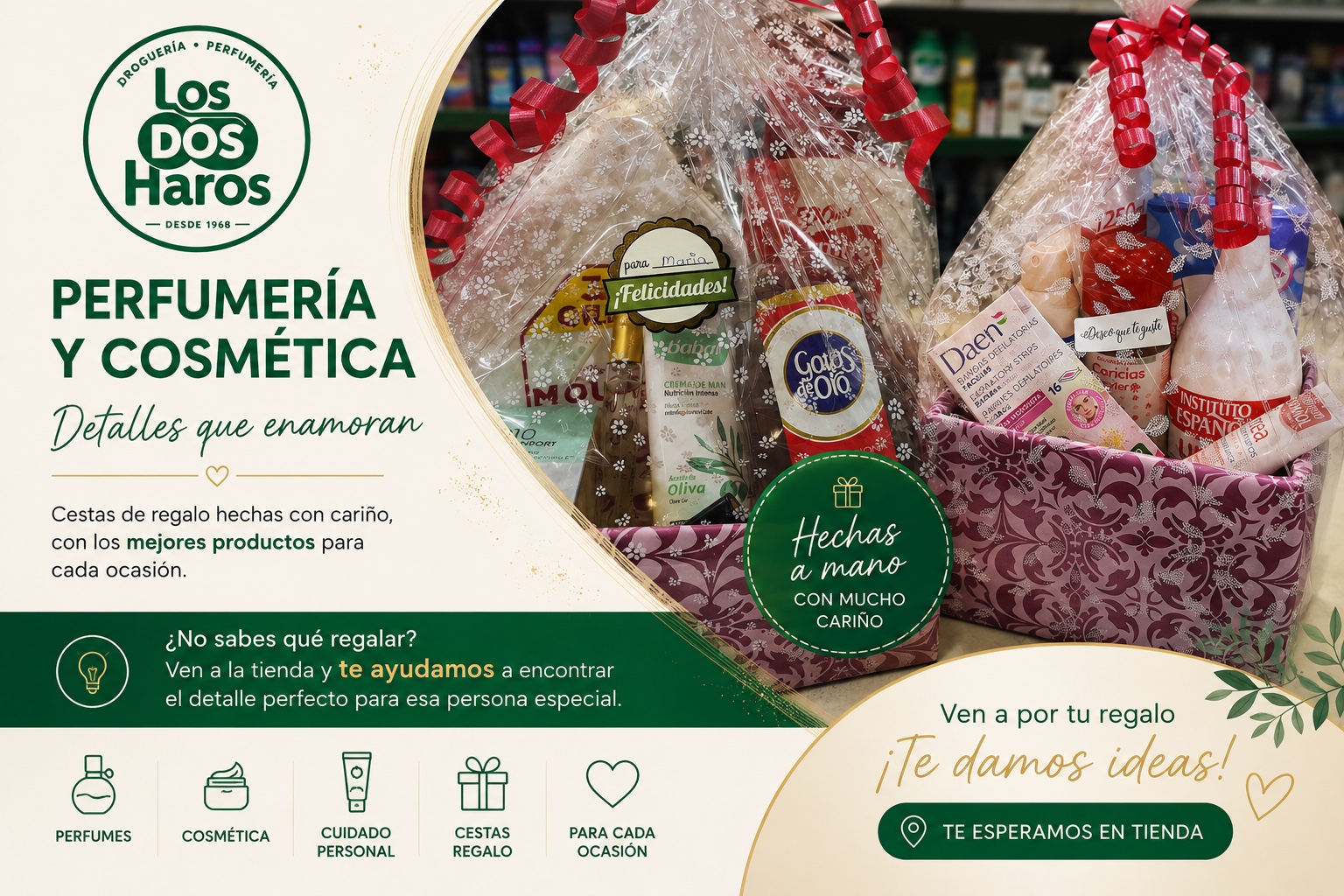 Cestas de regalo de perfumería y cosmética preparadas en Los Dos Haros